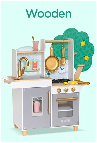 Children's play kitchen in pastel colors with accessories.