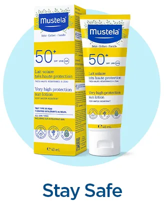 Mustela baby sunscreen SPF 50+ for high protection from UV rays.